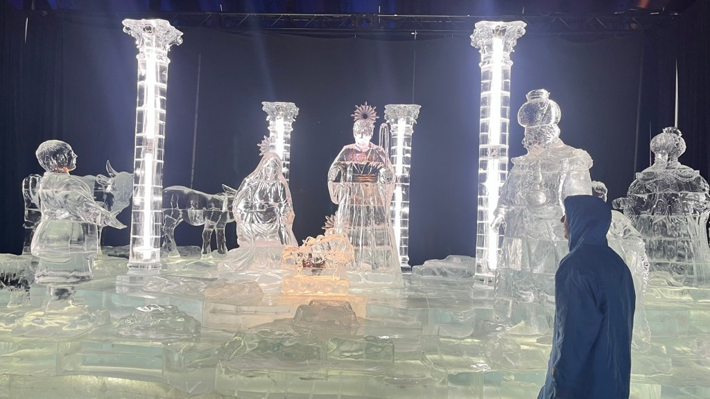 A full nativity scene carved from ice at ICE! at Gaylord Rockies