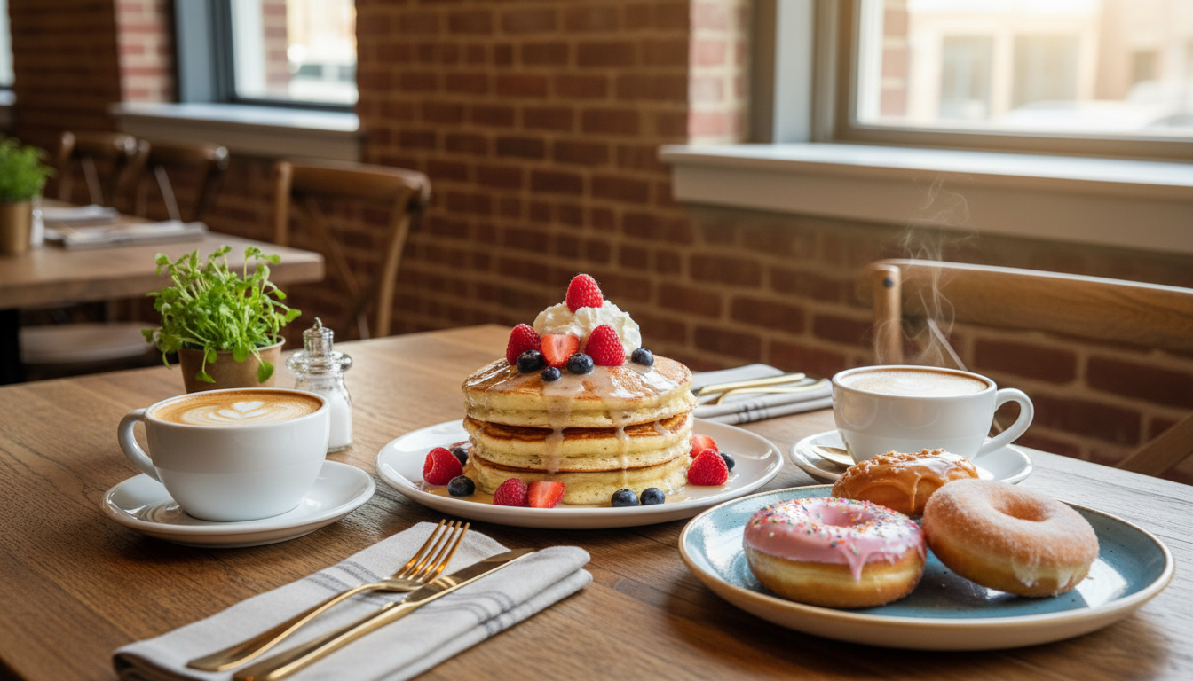Brunch spread with pancakes, donuts and coffee on a sunny café table, illustrating Louisville's local food scene
